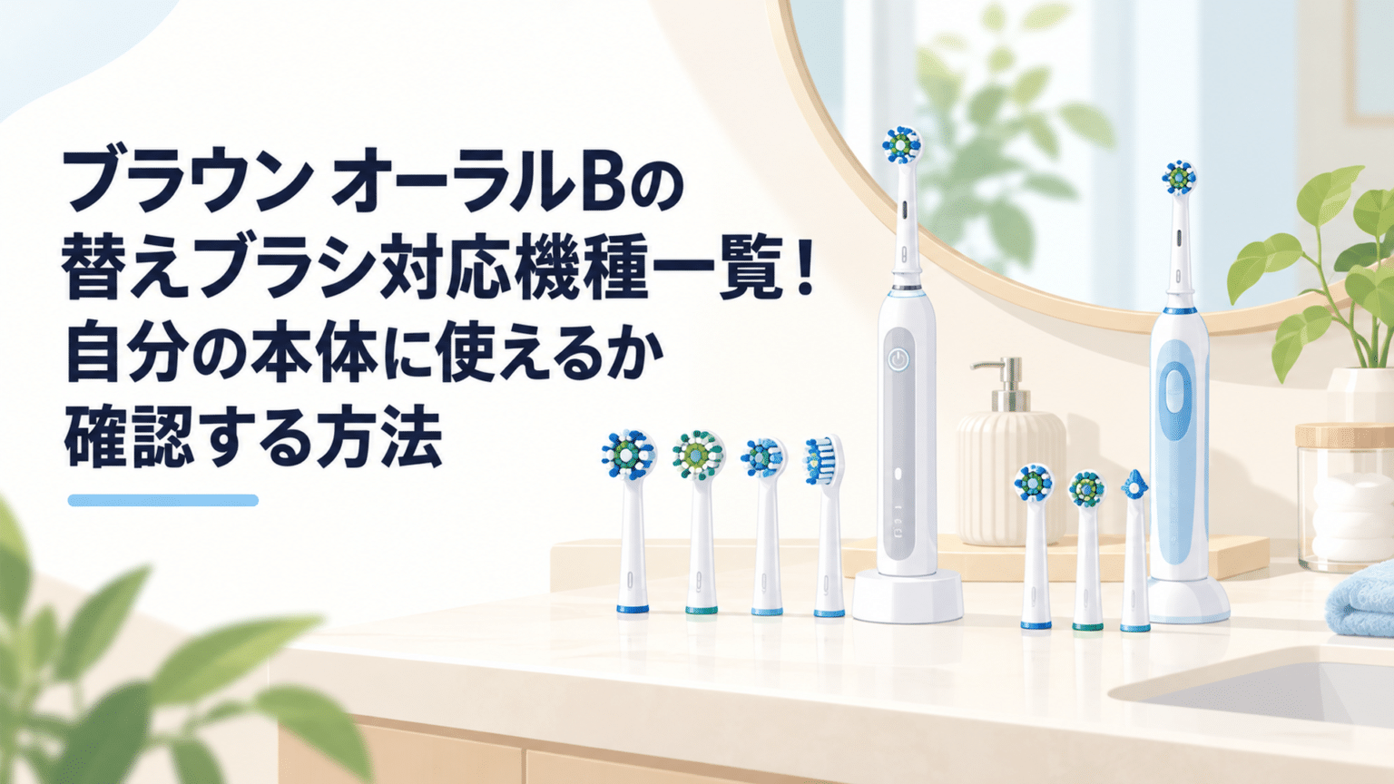 明るいアイボリー色の洗面台に、最新型の電動歯ブラシと従来型の電動歯ブラシを左右に配置し、それぞれに対応する形状の異なる替えブラシを並べた清潔感のあるフラットベクターイラスト。淡いブルーとミントグリーンを基調とし、文字やメーカーのロゴは入れない