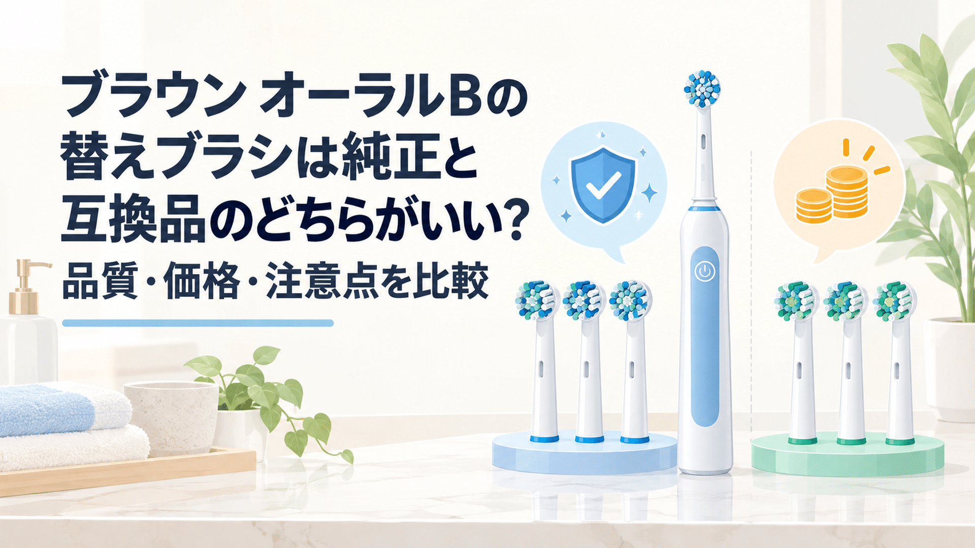 明るいアイボリーの背景に電動歯ブラシ本体と純正替えブラシ、第三者製互換ブラシを左右に並べた比較イラスト。淡いブルーとミントグリーンを基調に、品質と費用の違いを表現する清潔感のあるフラットベクター。ロゴなし、16対9の横長構図
